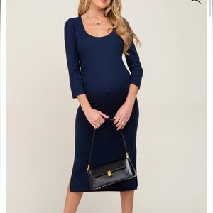 Pink blush navy side slit ribbed 3qrt sleeve dress